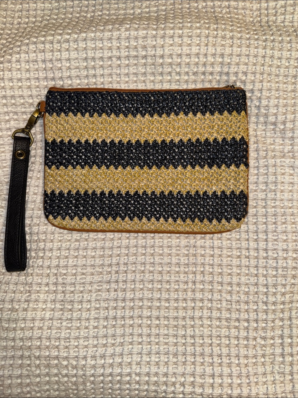 Striped Woven Wristlet Pouch - Navy & Straw Stripes
